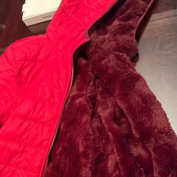 Kids Lands End Reversible Insulated Fleece Winter Jacket Red Puffy Jacket 10-12 - Picture 12 of 12